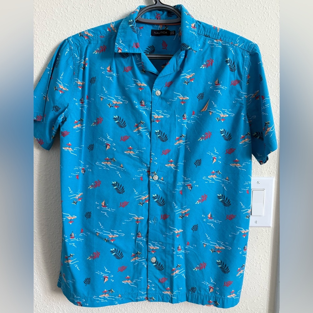 Nautica Blue Casual Button Down Shirt with Flamingo Print